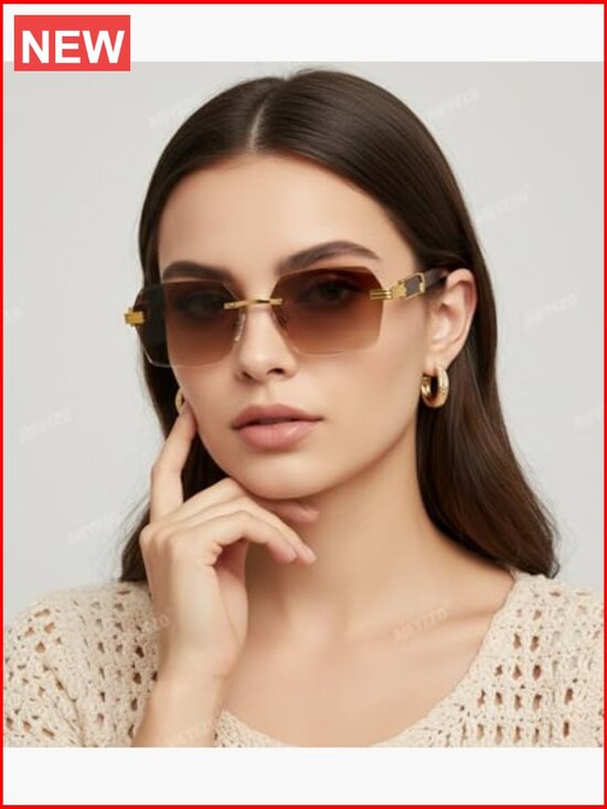 Retro Rimless Rectangle Sunglasses Vintage Frameless Square Tinted Glasses main image 7